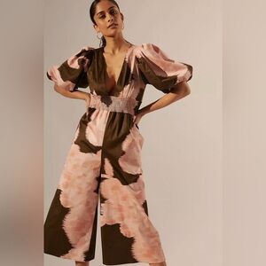 Anthropologie Hutch V-Neck Jumpsuit Wmn’s Sz L Green Pink Boho Cottagecore City